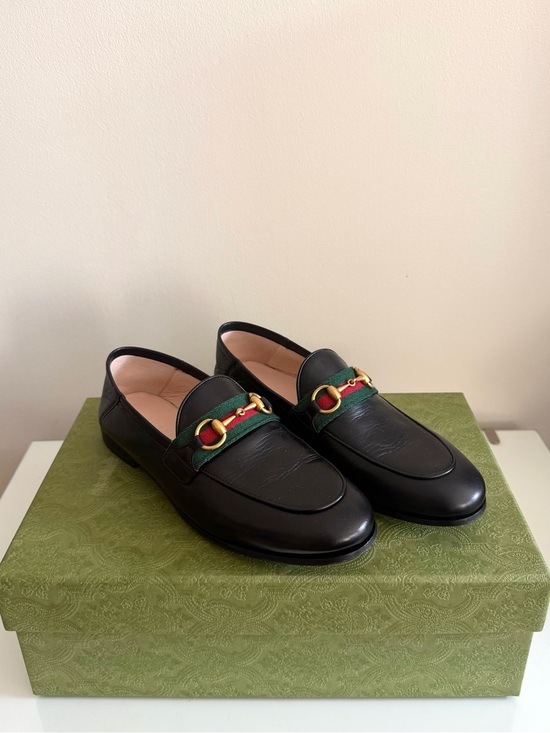 Gucci Shoes - Gucci Black Leather Horsebit Web Stripe Loafers EU 35
